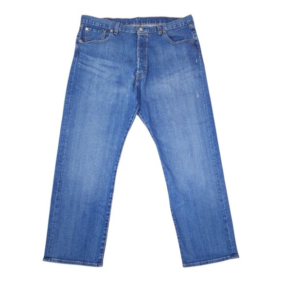 Levis 501 Mens Jeans W40 L30 Straight Fit Blue Denim Irregular Small Holes Front - Picture 1 of 11